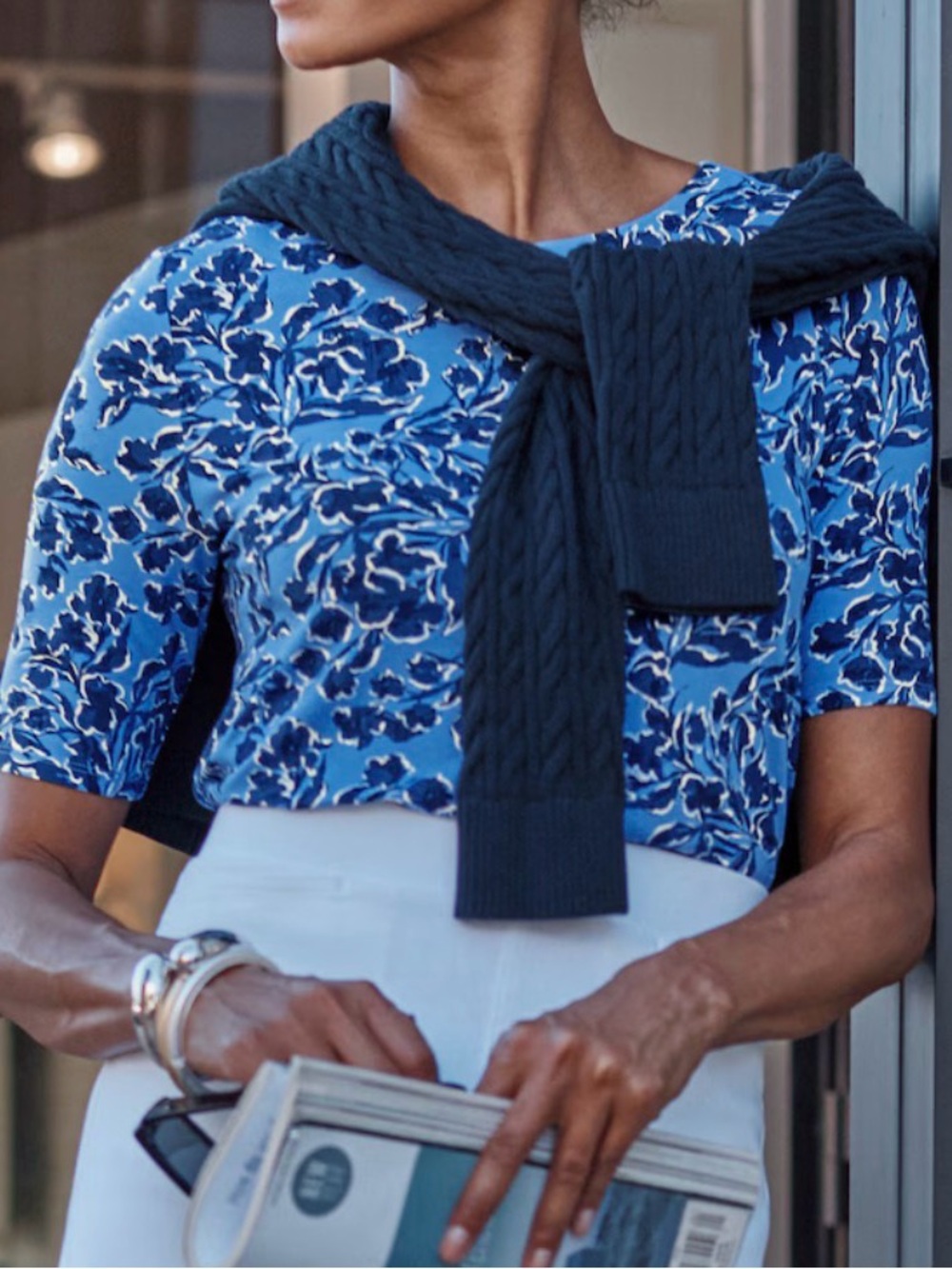 J. Jill Blue Floral V-Neck Blouse with Navy Accents